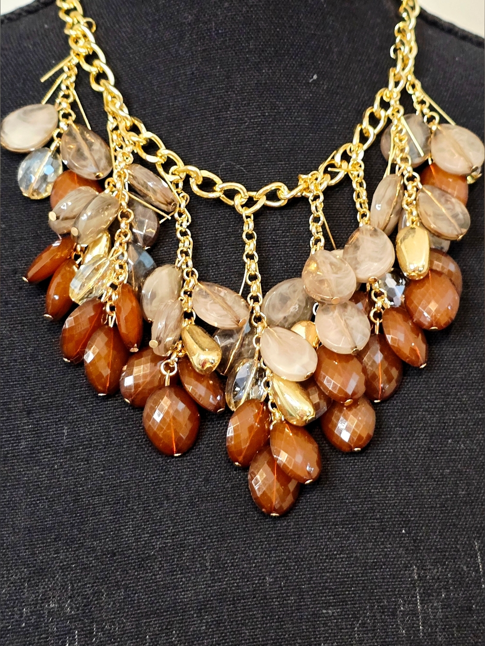 Statement Gold Chain Necklace Brown Neutral Beaded Bib Chunky Acrylic Stones